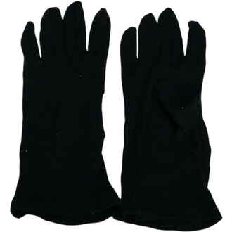 Gants de scène noirs en tissu, présentés à plat, montrant deux gants avec des doigts séparés et une coupe classique.