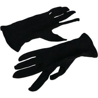 Gants de scène noirs, en tissu, posés à plat, montrant un design élégant avec des doigts longs et fins.