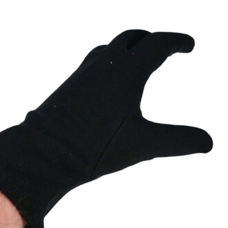 Gant de scène noir présenté de profil, avec un doigt partiellement replié, mettant en valeur sa texture douce et son design élégant.