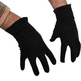 Gants de scène noirs, présentés sur des mains avec un poignet décoré. Les gants sont ajustés et sans doigts, parfaits pour les performances.