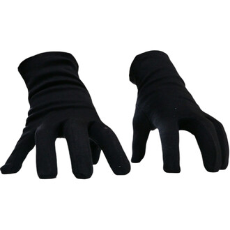 Gants de scène noirs en tissu, visibles avec une finition lisse et des doigts longs, présentés en position ouverte.