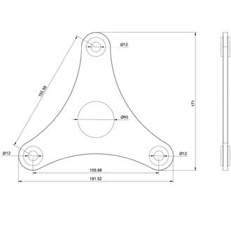 Schéma technique d'un grand plateau d'ancrage triangulaire avec des dimensions indiquées. Le plateau présente trois côtés avec des trous de fixation de diamètre 12 mm, un trou central de diamètre 45 mm et des dimensions globales de 171 mm de hauteur et 19