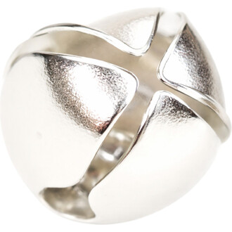 Grelot en métal argenté de 12 mm avec une fente croisée, finition brillante et surface légèrement texturée.