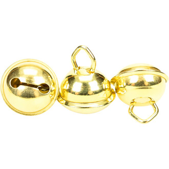 Grelot plat de 15 mm en couleur dorée, présentant une finition brillante. Trois grelots sont visibles, montrant leur forme arrondie et leur anneau de fixation.