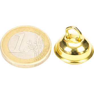 Grelot plat de 15 mm en couleur or, placé à côté d'une pièce de 1 euro pour montrer l'échelle.