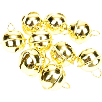 Grelots plats de couleur dorée de 18 mm, regroupés en une pile, montrant leur finition lustrée et les attaches en métal.