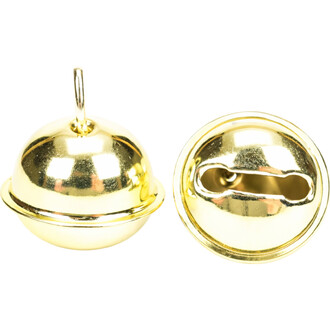 Grelot plat de 18 mm en couleur or, présenté sous deux angles. On voit le dôme brillant et la fixation sur le dessus, ainsi que la partie ouverte sur le côté.