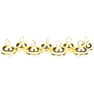 Grelots plats de 18 mm coloris or, brillants, alignés sur une surface blanche, avec une boucle de fixation.