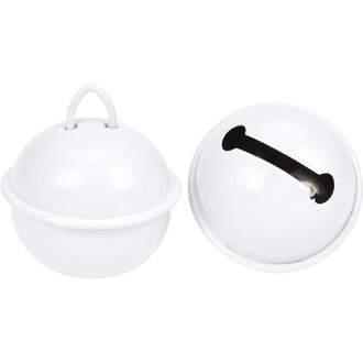 Grelot plat de 22 mm en couleur blanche, composé de deux parties : une sphère avec une anse sur le dessus et une autre sphère avec une fente noire.