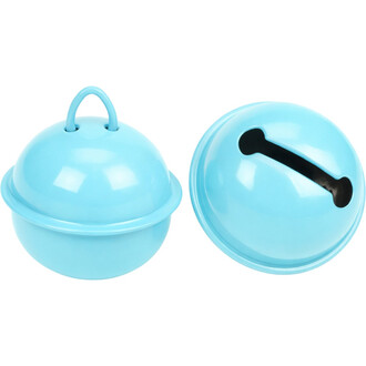 Grelot plat de 22 mm couleur bleu, présenté sous deux angles. À gauche, la partie inférieure avec un bord, à droite, la partie supérieure avec une ouverture noire et une anse.