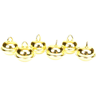 Grelots plats en métal doré de 22 mm, six pièces alignées, avec des petites anses pour les attacher.