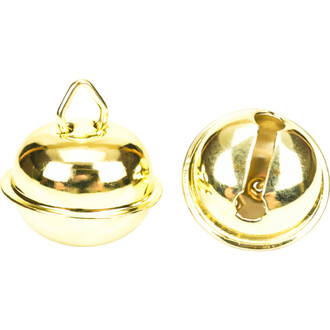 Grelot plat de 22 mm en métal doré, avec une forme sphérique et une attache en forme de boucle sur le dessus. L'image montre le grelot vu de face et de côté, mettant en évidence sa finition brillante et son design pratique pour la jonglerie.