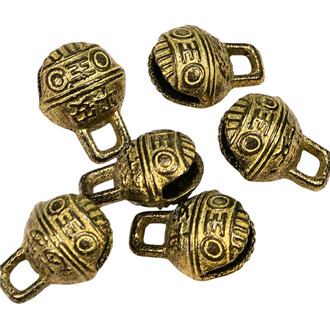 Grelots tibétains dorés de 11 mm, plusieurs cloches décoratives gravées avec motifs tibétains et petits anneaux de suspension.