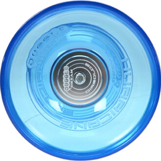 Roulette Hurricane Extreme, vue de dessus, avec une couleur bleue translucide et un roulement central visible. Le design présente le logo Juggle Dream et des inscriptions autour du bord.