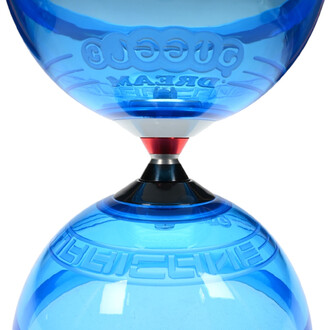 Diabolo Hurricane Extreme 5 Roulements, avec un design transparent bleu, montrant les deux coupelles reliées par un axe noir et une bague rouge.