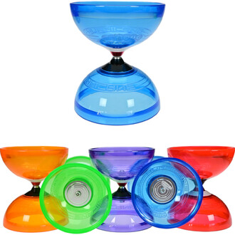 Hurricane Extreme 5 Roulements en bleu, avec une vue d'ensemble montrant un diabolo au centre, entouré de diabolos de différentes couleurs (orange, vert, violet, rouge), mettant en avant leur design transparent et leur base noire.
