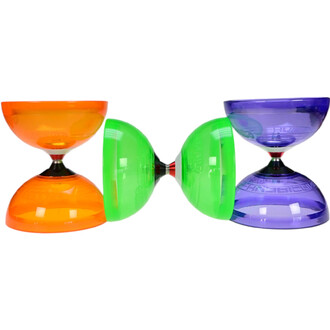 Deux diabolos Hurricane Extreme avec 5 roulements, l'un de couleur orange et l'autre vert, positionnés face à face. Le diabolo orange est en haut à gauche tandis que le diabolo vert est au centre, avec un diabolo violet à droite. Les formes sont arrondies