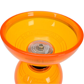 Hurricane Extreme 5 Roulements, diabolo en couleur orange et jaune, avec un design brillant. Vue de dessus, montrant l'intérieur du diabolo et le roulement central.
