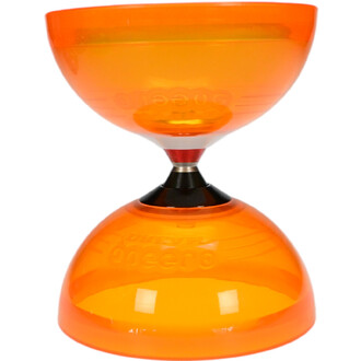 Diabolo Hurricane Extreme 5 Roulements, coloré en orange translucide, avec une forme en deux coupoles reliées par une tige centrale. Le design met en avant les roulements visibles au centre, et le texte dheyn est gravé sur la partie inférieure.
