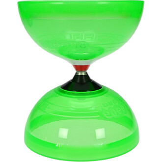 Diabolo Hurricane Extreme avec 5 roulements, en plastique vert translucide, composé de deux coupelles en forme de bol reliées par un axe central noir.