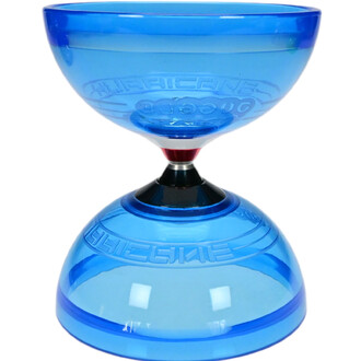 Diabolo Hurricane Extreme avec 5 roulements, de couleur bleue translucide, présentant une forme en sablier avec une partie supérieure large et une base arrondie. Le centre est noir avec une touche rouge, et des inscriptions sur les bords indiquent le nom