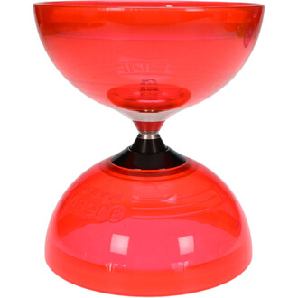 Diabolo Hurricane Extreme avec un design en plastique rouge transparent, constitué de deux coupelles en forme de bol reliées par un axe central noir.