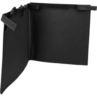 Insert pour sac à ballons noir en tissu, avec emplacements élastiques en rangée sur le côté et bande de fermeture Velcro en haut.