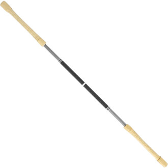 Dickwandiger, röhrenförmiger Jonglierstab aus Kevlar, 36 mm, mit beige geflochtenen Griffen an beiden Enden und silbergrauem Mittelteil mit schwarzen Bändern.