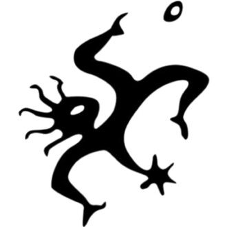 Logo stylisé représentant un personnage aux bras et jambes allongés, dans une posture dynamique, avec des éléments qui suggèrent le mouvement. Les contours sont en noir sur fond blanc.