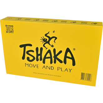 Boîte de présentation jaune contenant un kit de 24 balles TSHAKA, avec le logo TSHAKA MOVE AND PLAY en noir. QR code sur le côté et instructions sur le bas de la boîte.
