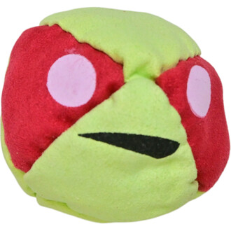 Balle de jonglerie TSHAKA, de forme ronde, avec un design coloré affichant des teintes vertes et rouges, et un visage souriant stylisé avec des yeux blancs et une bouche noire.