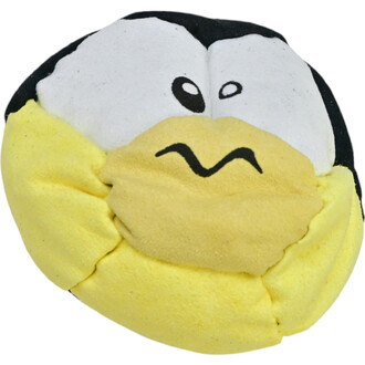 Balle de jonglerie en forme de pingouin, avec un corps principalement jaune et un visage blanc. Les yeux sont grands et expressifs, et le bec est représenté avec un sourire. La texture semble douce et moelleuse, idéale pour la manipulation et le jonglage.