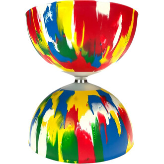 Bol de jonglerie Arlequin Lumineux aux couleurs vives, avec des motifs de peinture rouge, jaune, bleu et vert, monté sur une base en métal. Le produit apparaît symétrique, mettant en avant les deux demi-bols colorés.