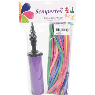 Kit ballons Sempertex 260 avec pompe manuelle: pompe violette et ballons longs multicolores dans emballage transparent (30 ballons inclus).
