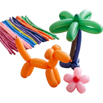 Assortiment de ballons Sempertex 260 multicolores, montrant des sculptures en ballon en forme de palmier et de fleurs.