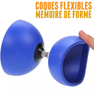 Kit Circus Free avec coques flexibles en bleu, montrant la mémoire de forme et un doigt touchant l'une des coques.