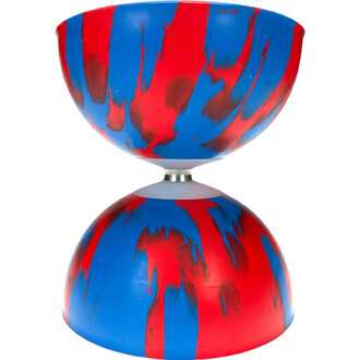 Diabolo en plastique aux couleurs vives, rouge et bleu, avec un design d'effets marbrés. Son corps est symétrique, permettant une bonne rotation. Modèle adapté à la jonglerie, présenté avec une finition lisse.