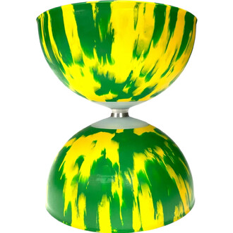 Diabolo Arlequin aux couleurs vives, avec un design rayé jaune et vert, présentant deux coupelles reliant une tige centrale. Idéal pour la jonglerie et les spectacles.