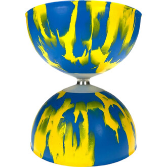 Diabolo Arlequin avec un design coloré bleu et jaune. Il est composé de deux bols hémisphériques réunis par un axe central en métal.
