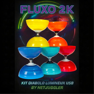 Kit diabolo lumineux USB Fluxo 2K : ensemble de six diabolo colorés (jaune, orange, bleu, turquoise, bleu clair et rouge) empilés en pyramide sur fond noir, avec le texte Fluxo 2K en haut et KIT DIABOLO LUMINEUX USB BY NETJUGGLER en bas.