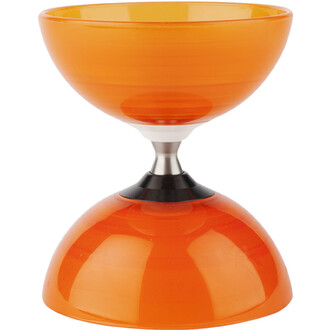 Diabolo orange translucide Fluxo, avec axe métallique argenté et connecteur noir, vu de face.