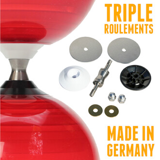 Kit Diabolo Beach Free Lumineux Fluxo: diabolo rouge avec pièces détachées (deux disques métalliques, axe central à filetage, capuchon blanc, disque noir et rondelles/écrous).