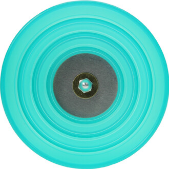 Vue de dessus d’un disque turquoise du Kit Diabolo Beach Free Lumineux Fluxo, avec axe central, rondelle et boulon visibles.
