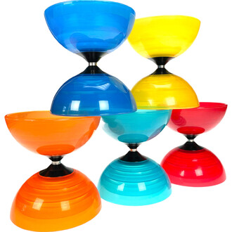 Kit Diabolo Beach Lumineux Fluxo – ensemble de diabolos colorés lumineux, bleu, jaune, orange, turquoise et rouge, empilés autour d’un axe central noir et argenté.