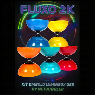 Affiche du kit Diabolo Lumineux Fluxo 2K USB par NetJuggler : diabolo lumineux de couleurs bleu, jaune, orange, turquoise et rouge empilés en pyramide sur fond noir, avec le texte Fluxo 2K en haut.