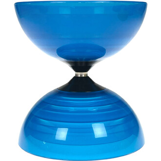 Diabolo bleu translucide Fluxo – kit lumineux de jonglerie, montrant les deux coupelles bleues reliées par l’axe central.