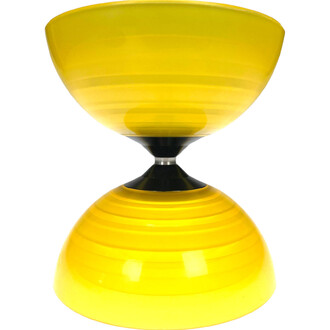 Diabolo Fluxo lumineux jaune : deux coupelles jaunes reliées par un axe noir avec bague argentée au centre.