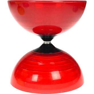 Diabolo Fluxo lumineux rouge translucide, avec deux coupelles rouges et axe noir, posé sur fond blanc.