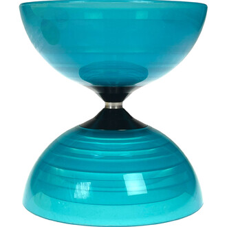 Diabolo Fluxo Beach lumineux turquoise translucide, montrant les deux calottes bleues reliées par l’axe central.