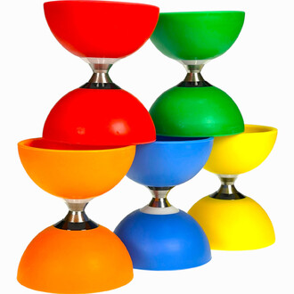 Kit Diabolo Cyclone Triple Roulements Lumineux Fluxo – ensemble de diabolos lumineux multicolores empilés (rouge, orange, jaune, bleu et vert) sur fond blanc.